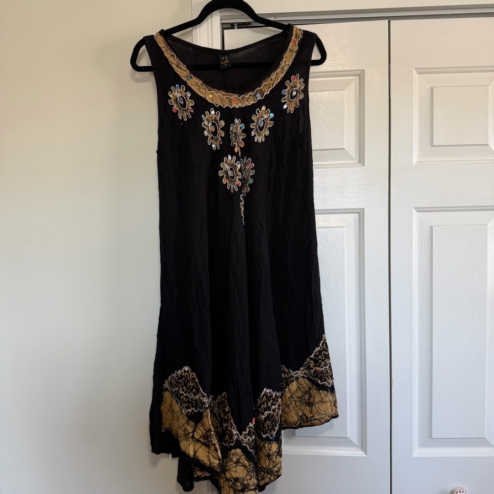 Riviera Sun BOHO Anthro Style Black Gold Dazzle Tank Dress Cover Up Size Medium